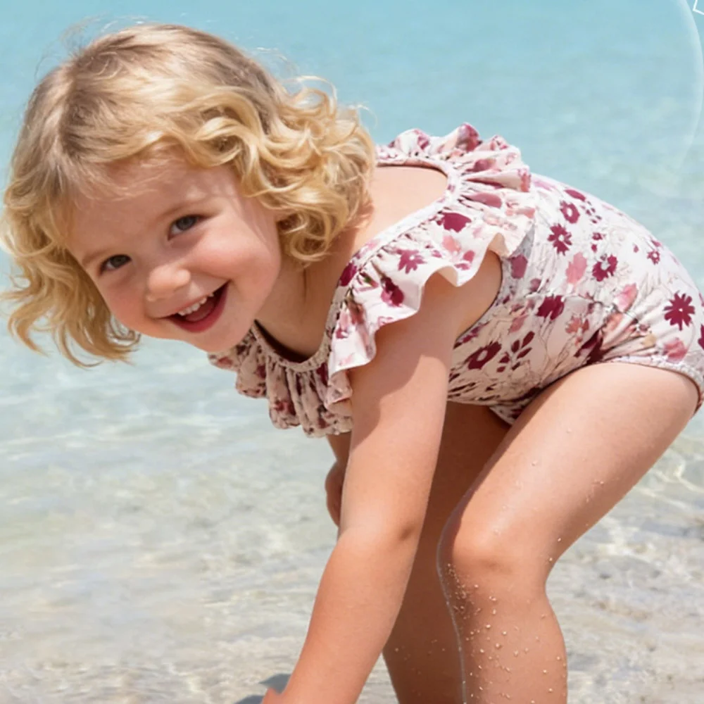 Girls' Fashion Adorable Floral Print One-Piece Swimsuit for Girls Stretchy Ruffle Sleeveless Design Quick-Dry Beach Swimwear