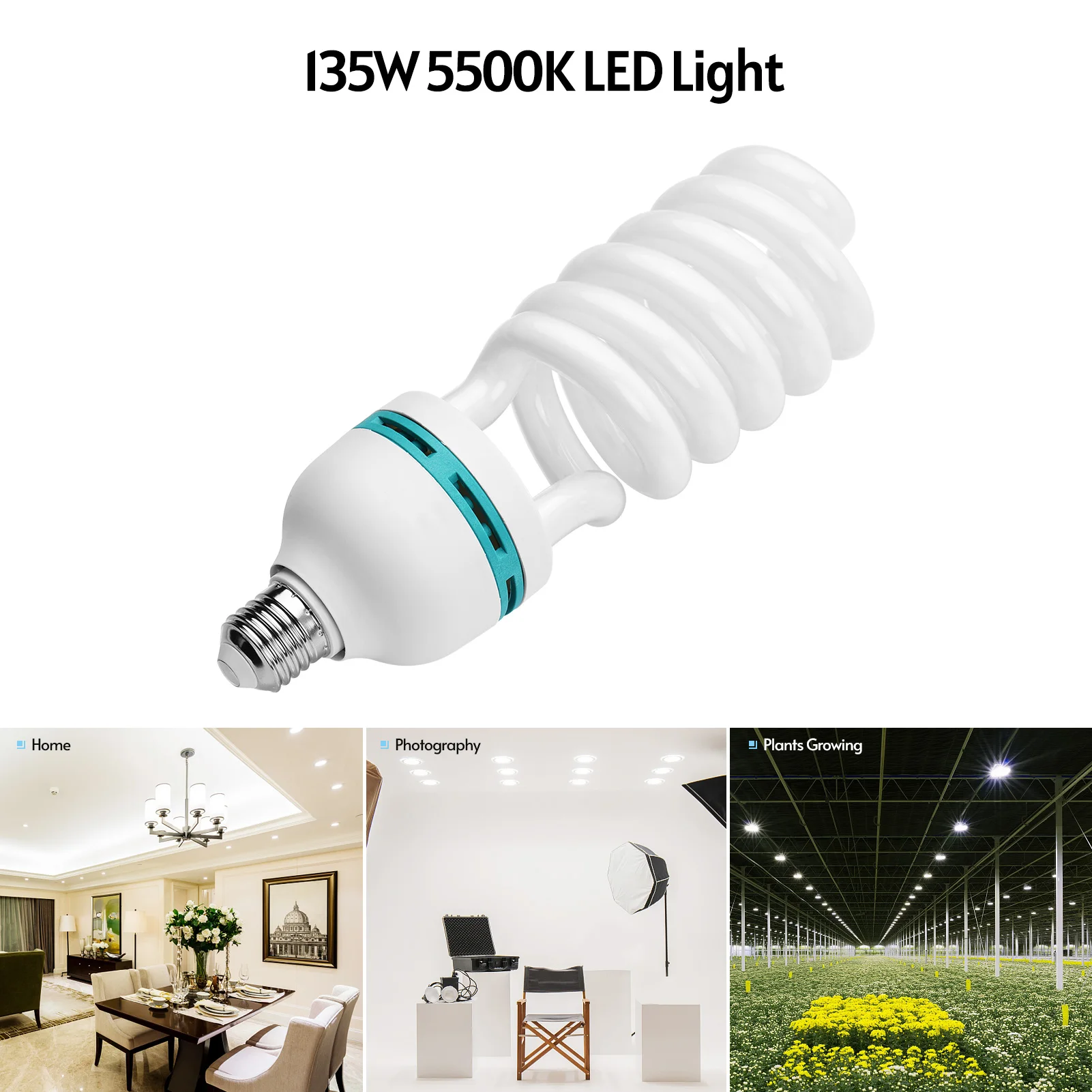 Lâmpada fluorescente espiral 135W 5500K, luz diurna CRI90, soquete E27, economia de energia para iluminação de vídeo e fotografia em estúdio