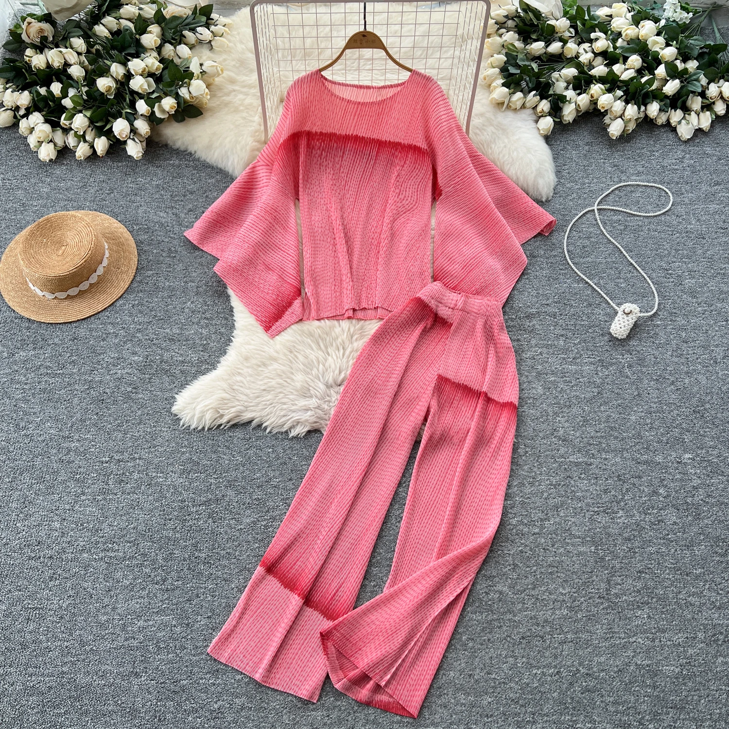 

Sexy Two Pieces Sets Chic flare sleeve loose Top with Fashion Hotsweet High Waist Wide Leg Pant Sets