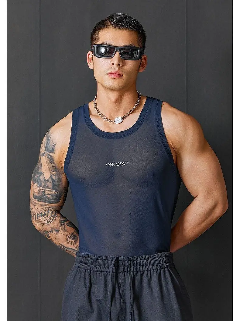 Men's Mesh Vest Round Neck Summer New 2026 Sexy Shoulder Bared Sport Fitness High Elastic Training Wear for Men