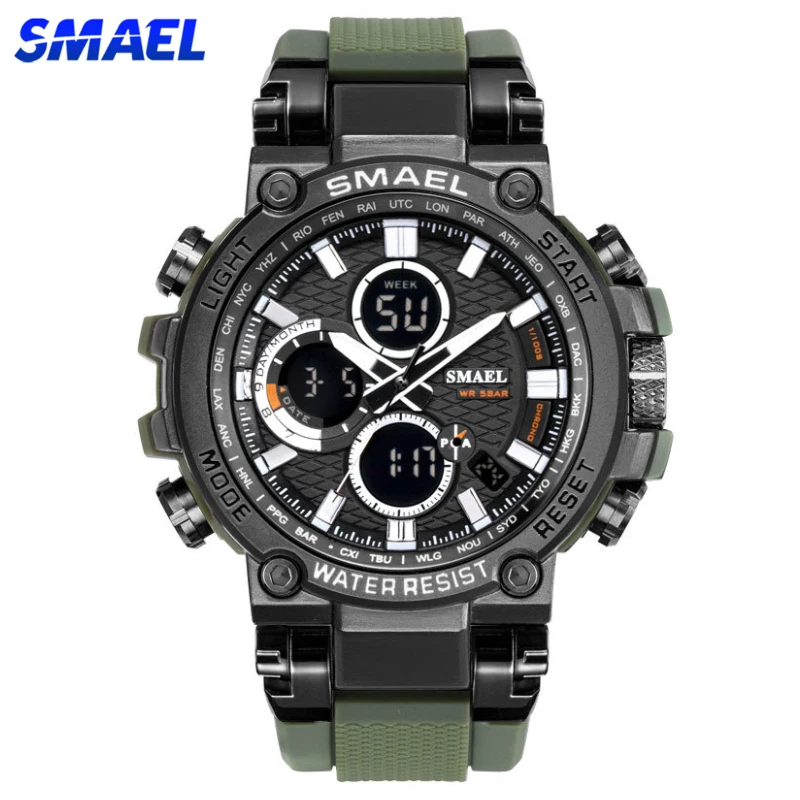 SMAEL Men Sport Watches Digital Double Time Chronograph Watch Mens LED Chrono Week Display Wristwatches Male montre homme Hour