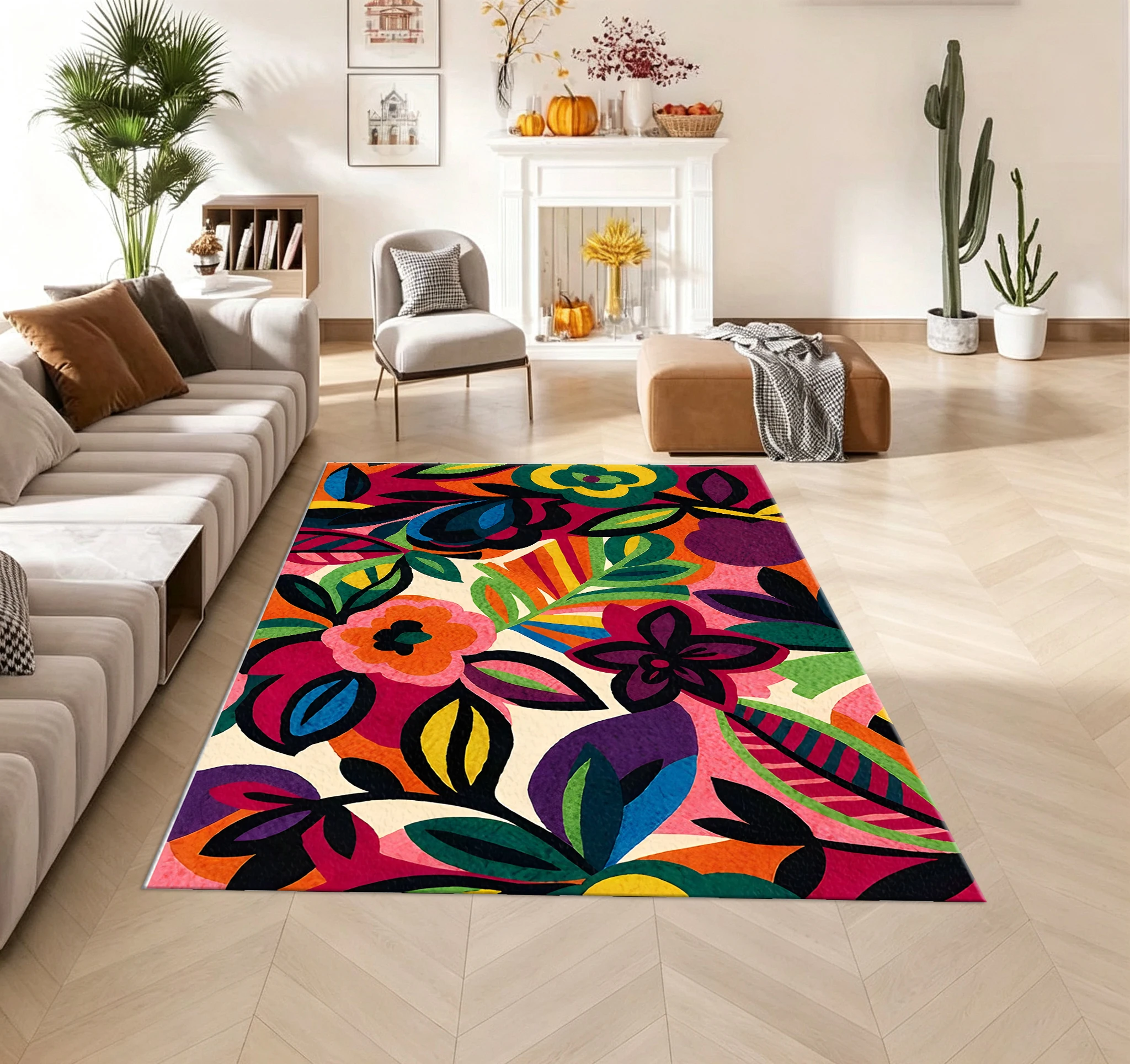 Bohemian Style Bright and Colorful Floral Print Carpet Tropical Floral Floor Mat Home Decor Carpet