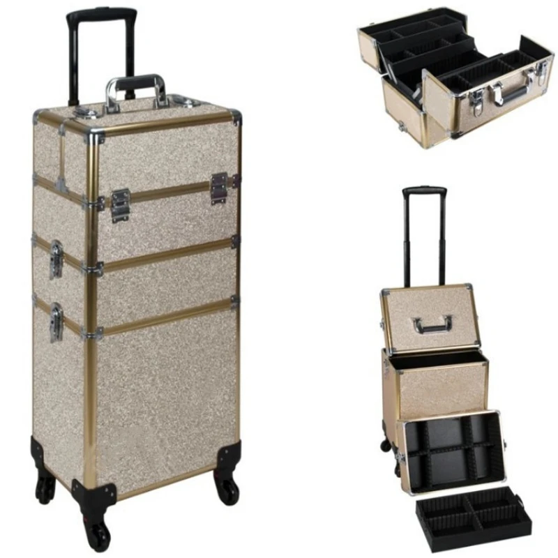 flash leather multi-layer trolley cosmetic case, large-capacity tattoo embroidery manicure toolbox