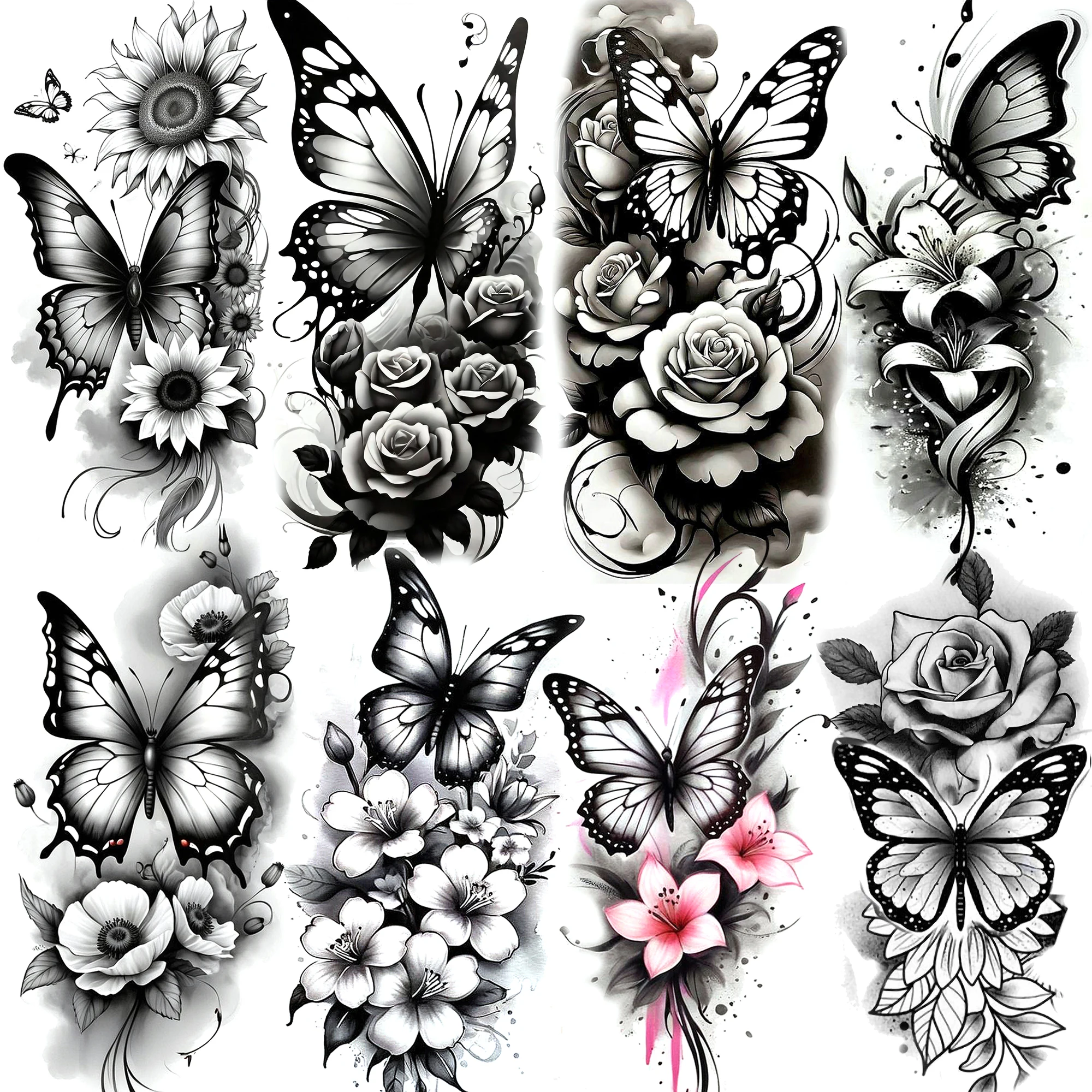 1 Sheet Realistic Butterfly Rose Flowers Temporary Tattoos For Women Girls Waterproof Fake Tattoos Long Lasting Body Art Sticker