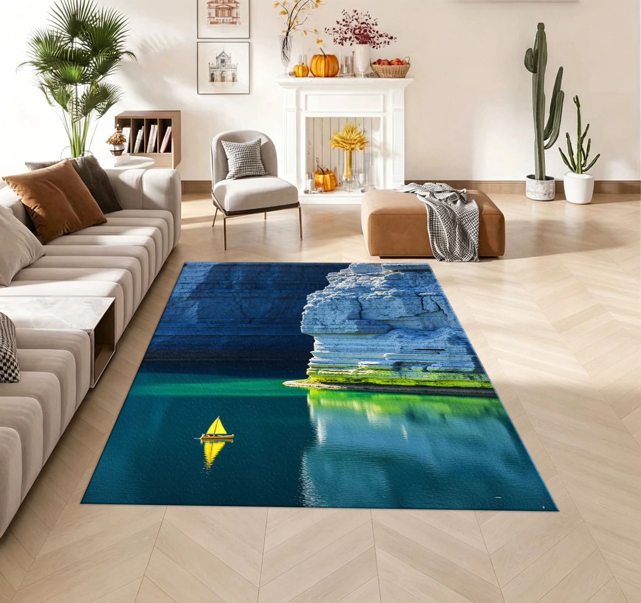 Blue Cliff Lake Sailboat Scenery Carpet Nature Printed Carpet Home Floor Mat for Living Room Bedroom Use