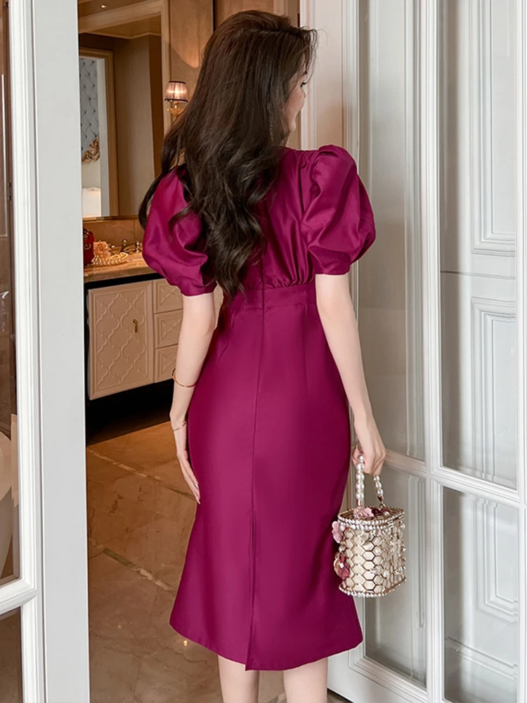 New Summer Satin Elegant Office Women Evening Dress Formal Purple O-Neck Slim Midi Party Prom Street Clothes Femme Mujer Vestido