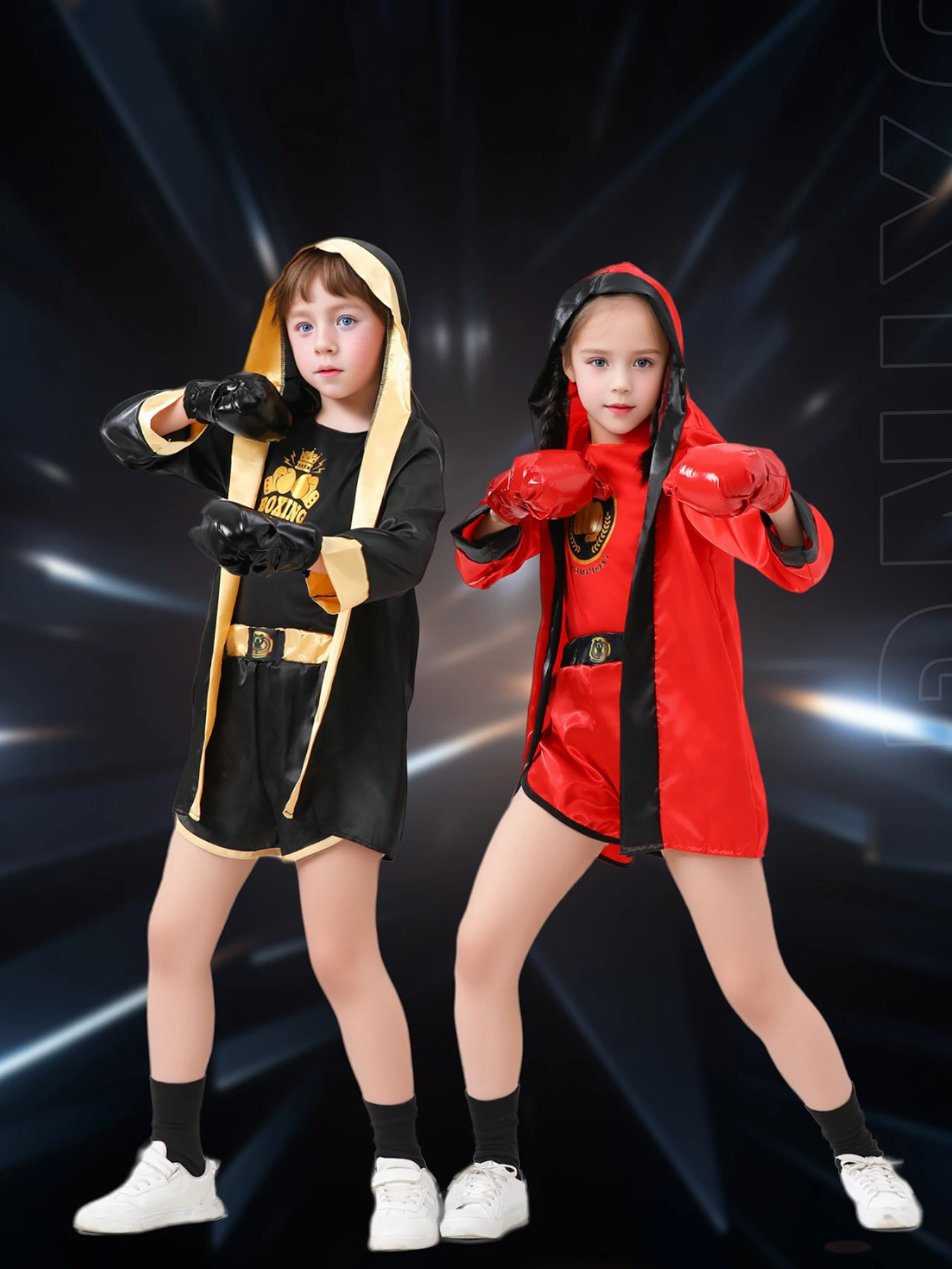 Kids Red Black Boxer Cosplay Uniform Costume With Boxing Gloves School Party Children's Day