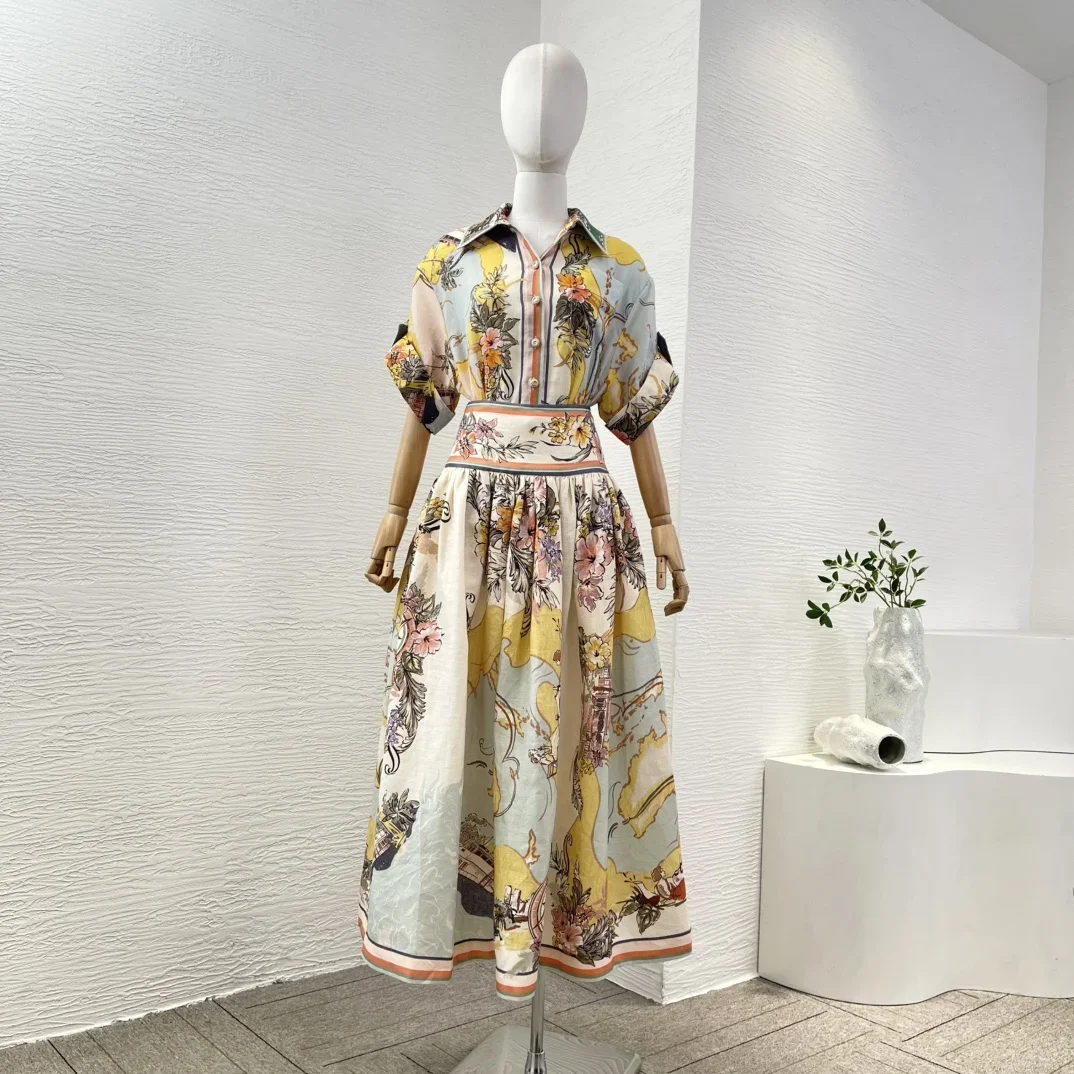 

2025 New Multi Color Floral Print Short Sleeve Blouse Tops skirt Set for Women