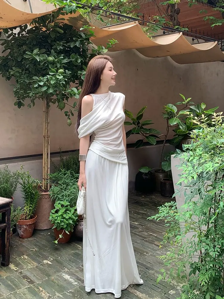 

Faionable Long Svel round Ne Summer 2025 New Women's Dr Set with Slant oulder Design And Floor-Length Skirt