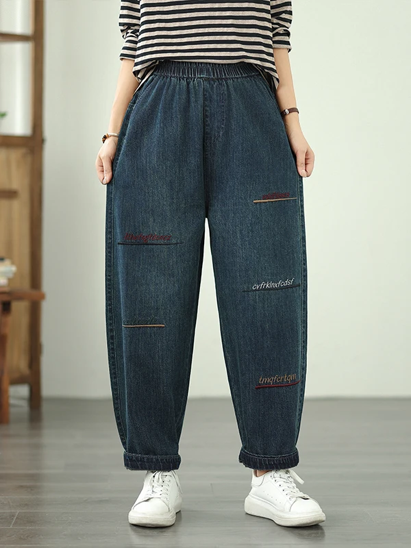 

Faionable Embroidered Dad Jeans Casual High Waist Loose Fit Blue Cotton Polyester Blend Four Seasons Wear Brand Women's Aut...