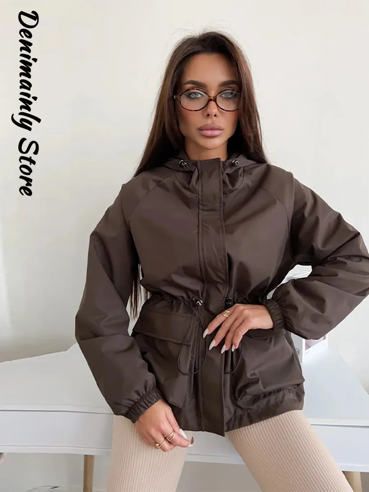 

Casual Brown Hooded Drawstring Waterproof Coat Women Waist-closed Full Sleeve Pockets Street Jacket 2025 Autumn Lady Outwear