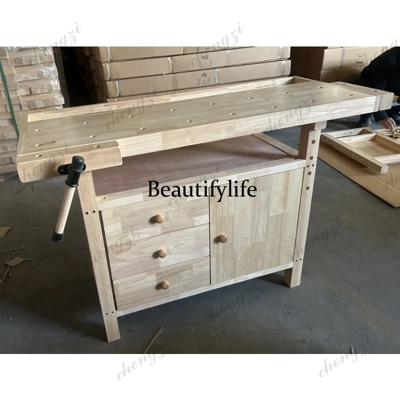 Modern Multifunctional Rubber Wood Woodworking Workbench Solid Wood Table Manual Operator