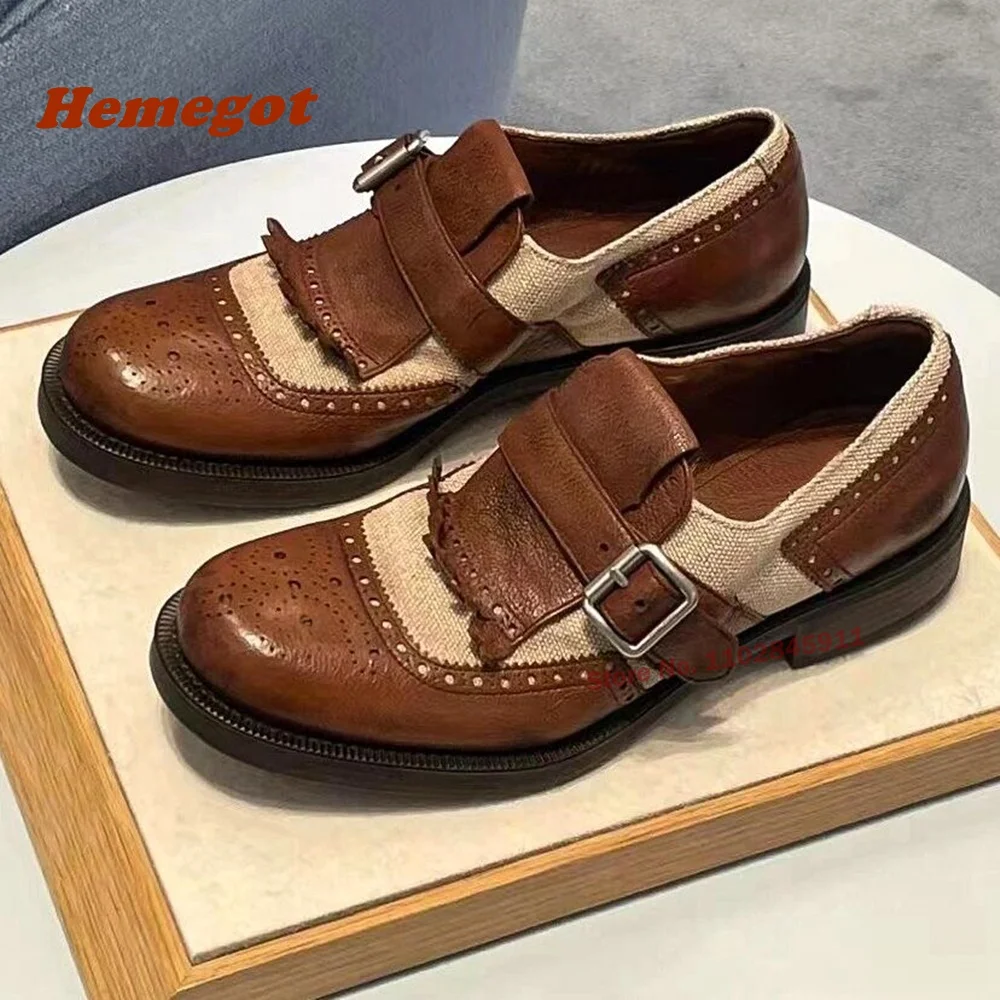 

Patchwork Brown Tassel Pumps Newest 2024 Round Toe Chunky Heels Buckle Fringe Women's Loafer Shoes Shallow Genuine Leather Sexy