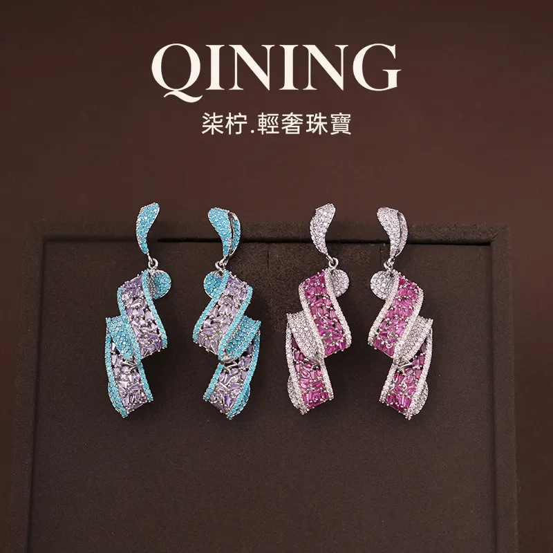 Wine stained roses, double pleated ribbon earrings light luxury atmosphere banquet haute couture earrings temperament heavy