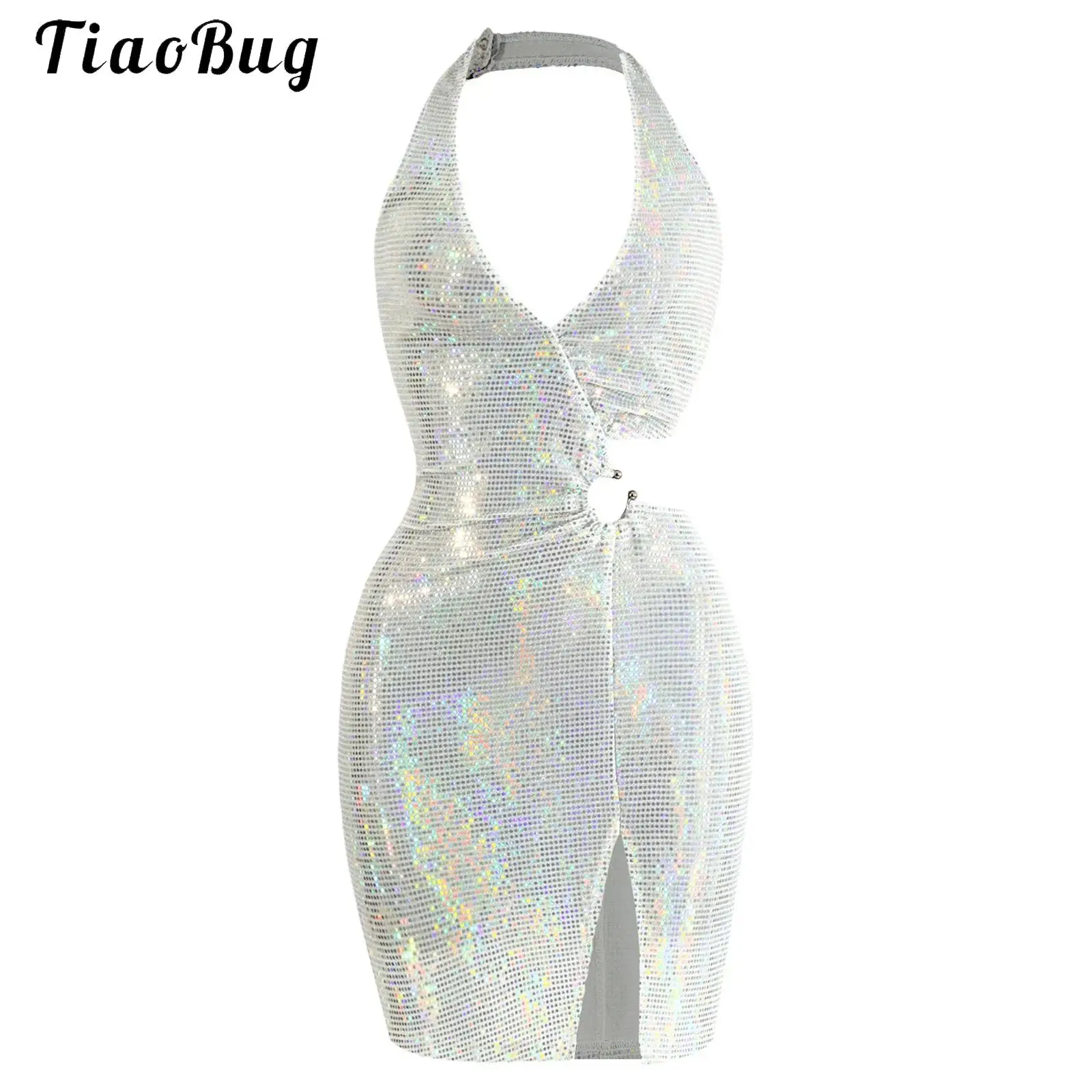Women Sparkly Sequin Dress Sleeveless Halter V-neck Backless Cutout Waist Side Split Dresses for Birthday Party Club