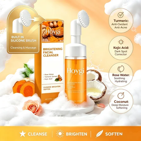 2-in-1 Turmeric Brightening Cleanser,Built in Silicone Brush Head,Synergistic Brightening Formula,Amino Acid Based Gentle Cleansing,Rose Water Hydration&Calming,Deep Nourishing, Cleansing&Hydrating All in One,Instant Foaming Mechanism,Clean&Natural