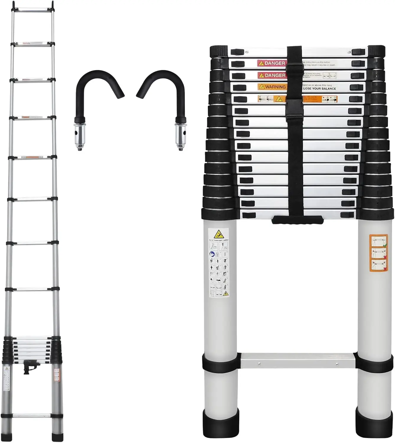 

20.3ft Aluminum Telescopic Folding Ladder 2 Detachable Hooks Weight 36lbs Adjustable Height 330lbs Load Capacity Space Saving