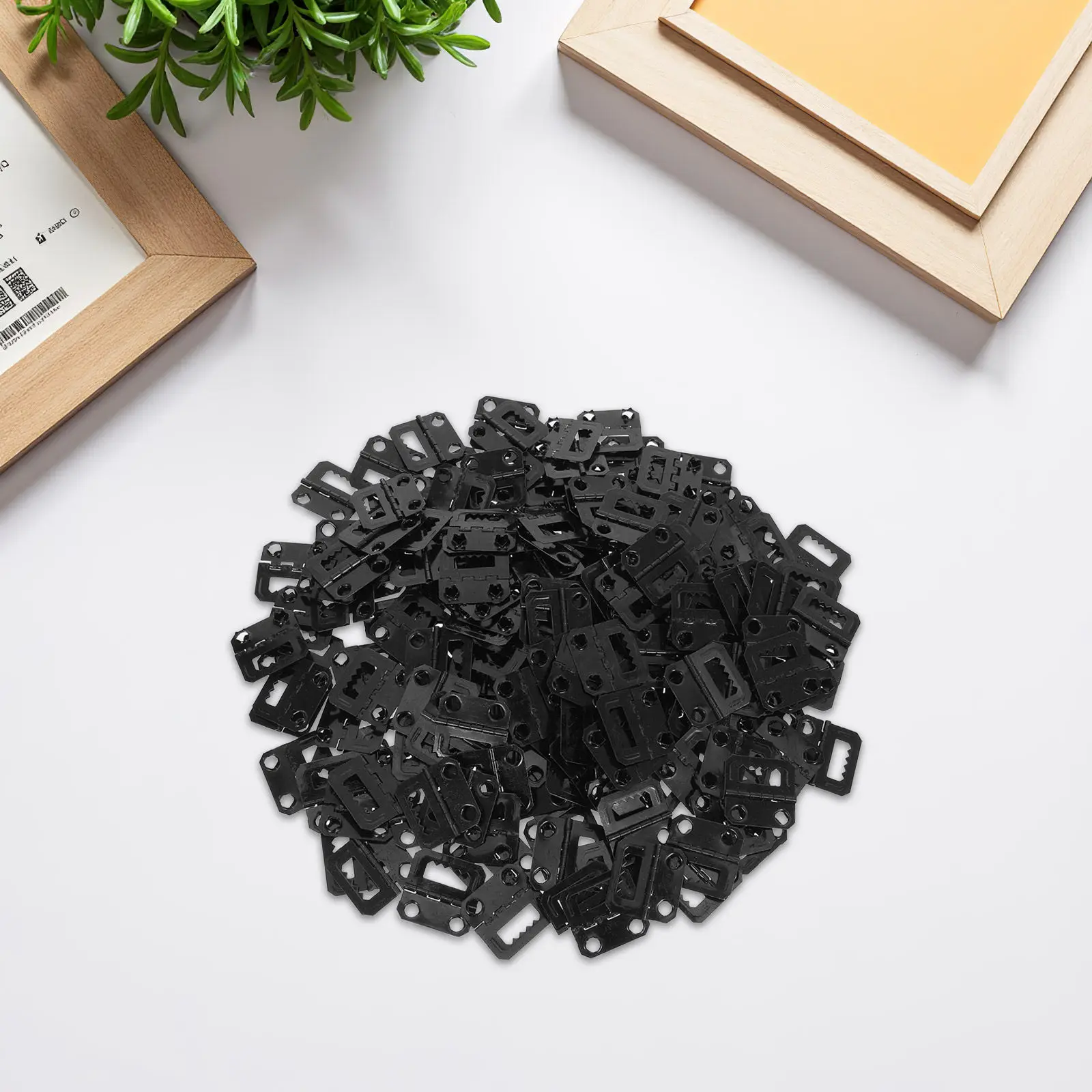 200Pcs Black Sawtooth Picture Frame Hinges Heavy Duty Metal Folding Hooks for Photo Frames Paintings Artwork Hanging Hardware