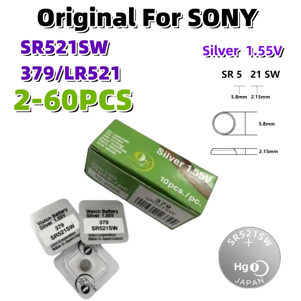 Baterias de botão originais para Sony, célula de moeda alcalina, relógio de óxido de prata, LR521, SR521, SR521SW, 379A, 379, 179, SR63, 1.55V, 2-60Pcs