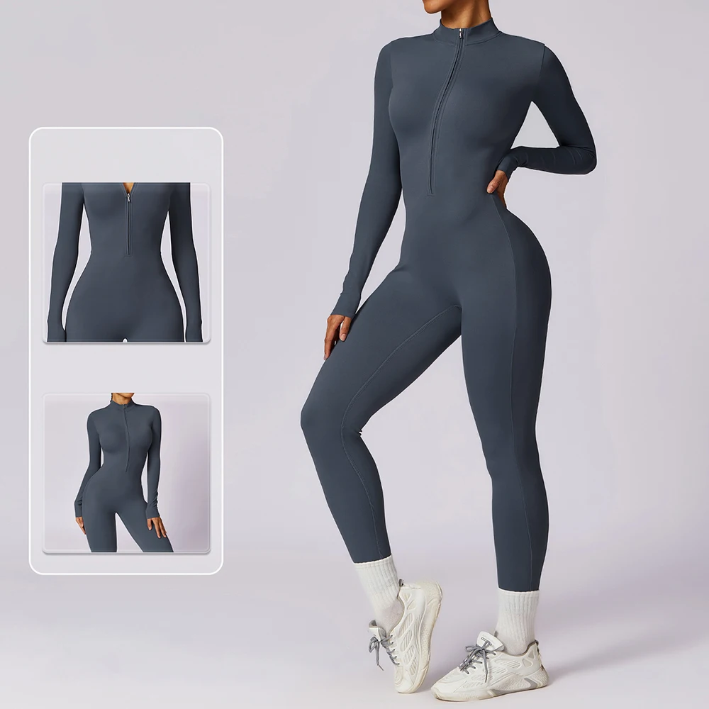 بدلة يوجا بأكمام طويلة مع سحاب للتدريب، ملابس رياضية لصالة الألعاب الرياضية واللياقة البدنية والجري مع سراويل طويلة #4