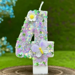 Happy Birthday Cake Decorations Number Candles Colorful Flower Butterfly Candles Pale Purple Shiny 3D Digital Candles For Party