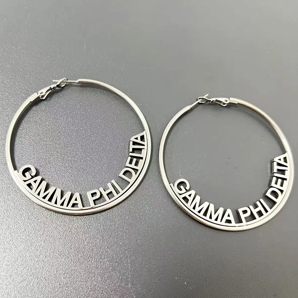Hoop stainless steel earrings featuring sister logos such as Gamma Phi Delta ZOB SGR OES DOI
