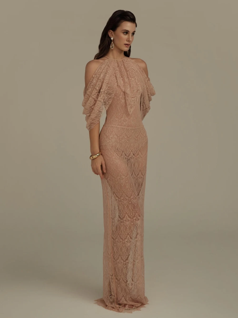 Modphy Solid Lace Slimming Dresses For Women O Neck Draped shawl sleeves High Waist Temperament Dress Female Fashion Style New
