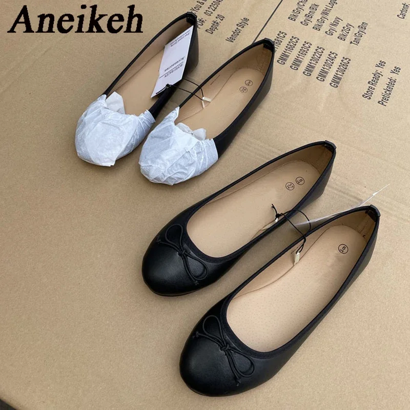 Aneikeh Spring Autumn Elegant Bowknot Ballerina Flat Women's Round Toe Comfort Slip-On Loafers Black Leather Mules Ladies Shoes