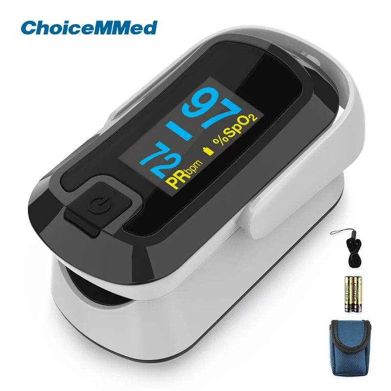 ChoiceMMed Dual Color OLED Finger Pulse Oximeter Blood Oxygen Saturation Heart Rate Monitor With Case Batteries Lanyard CN340