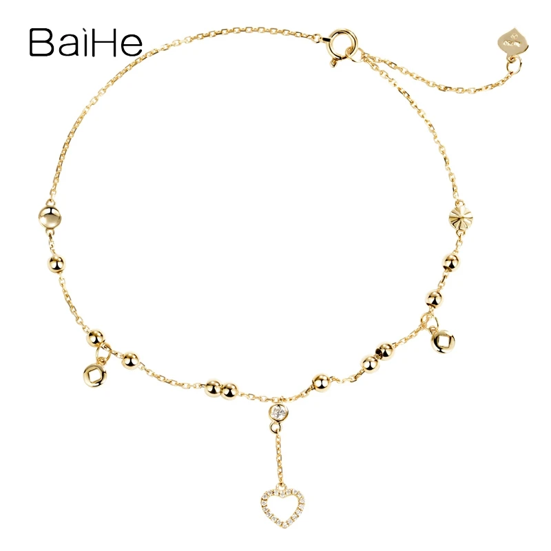 BAIHE Solid 18K Yellow Gold 0.12ct H/SI Natural Diamond Heart Bracelet Women Wedding Trendy Fine Jewelry Making pulseras mujer