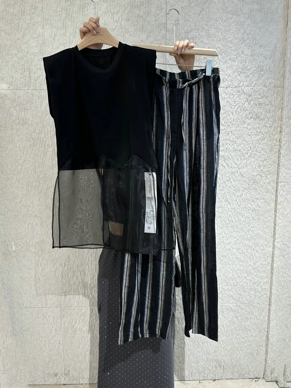 

Shoulder Pad T-Shirt And Straight Leg Pants Set Spring Fashion European Organza Splice Sleeveless Linen Women's Outfit