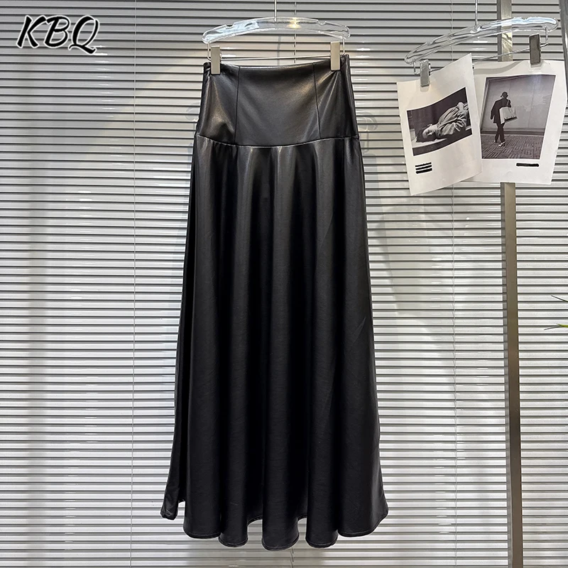 

KBQ Solid Retro Western Style Spliced Folds Skirts for Women High Waist PU Leather Skirt Long Skirt Female Fashion Winter New