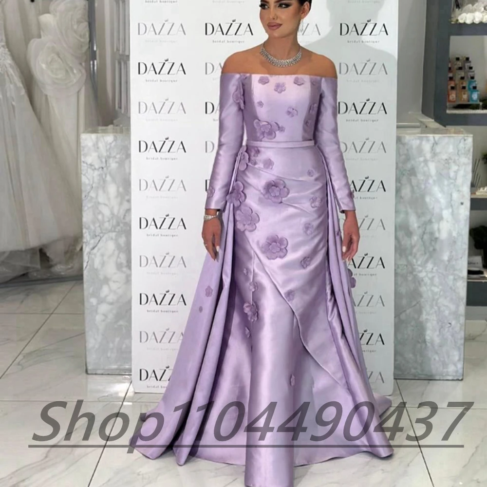 تخصيص الخزامى الساتان قارب الرقبة ألف خط فستان سهرة رسمي واتو قطار زهرة يزين طول الأرض فساتين حفلات الحفلات