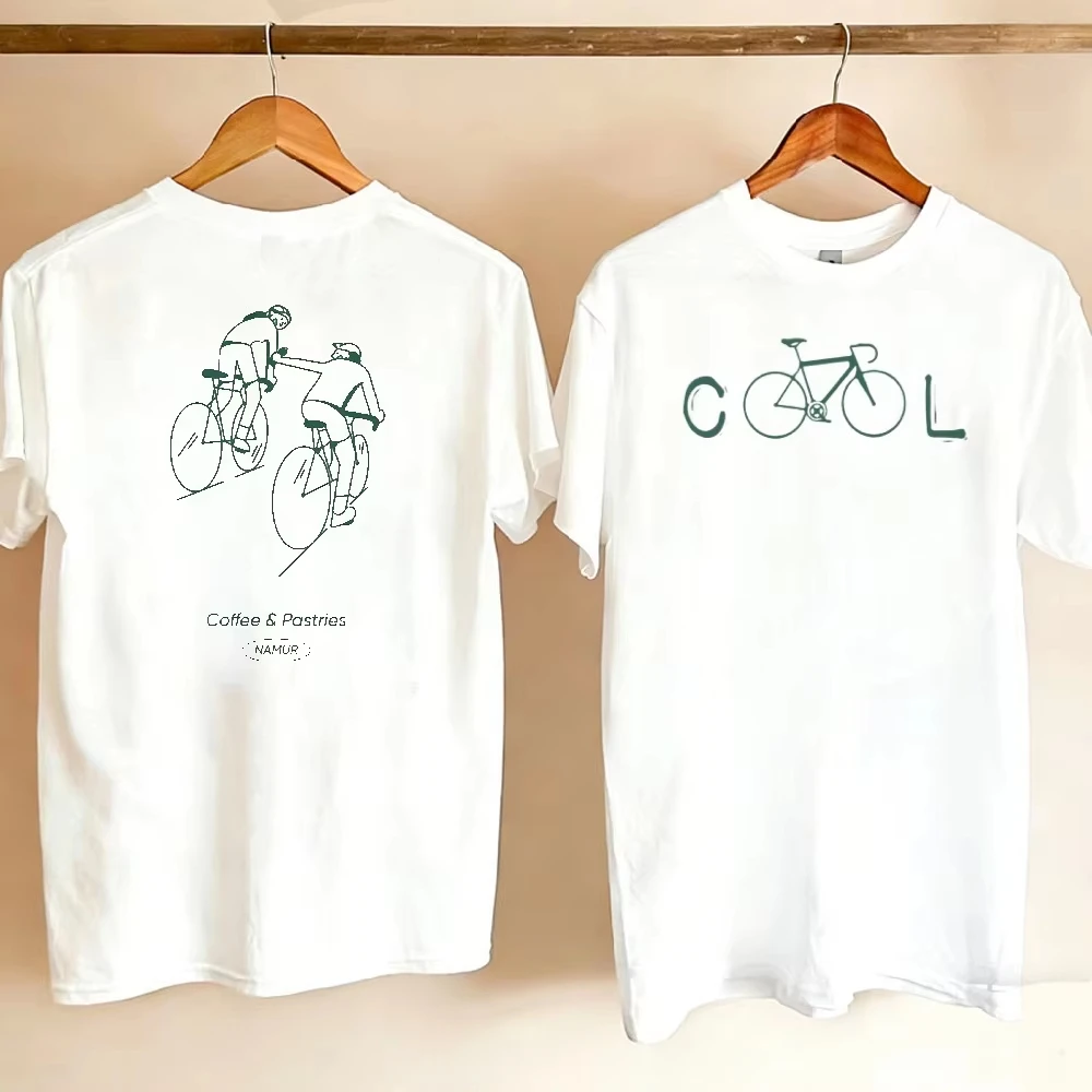 2026 New Cool Bicycle Letter Print Short Sleeve Tee Loose Fit Line Art Cycling Top Wear For Outdoor Riding Coffee Lovers