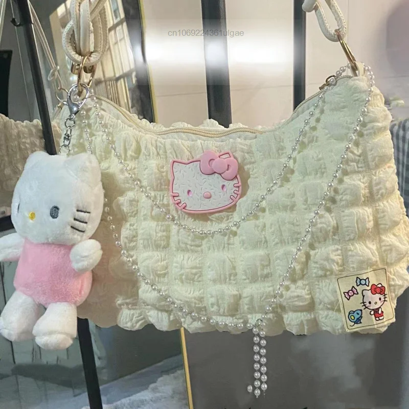 Sanrio Hello Kitty New Hand-made Bags With Pendant Women Luxury Design Handbag Y2k Fashion Shoulder Underarm Bag Female Tote Bag