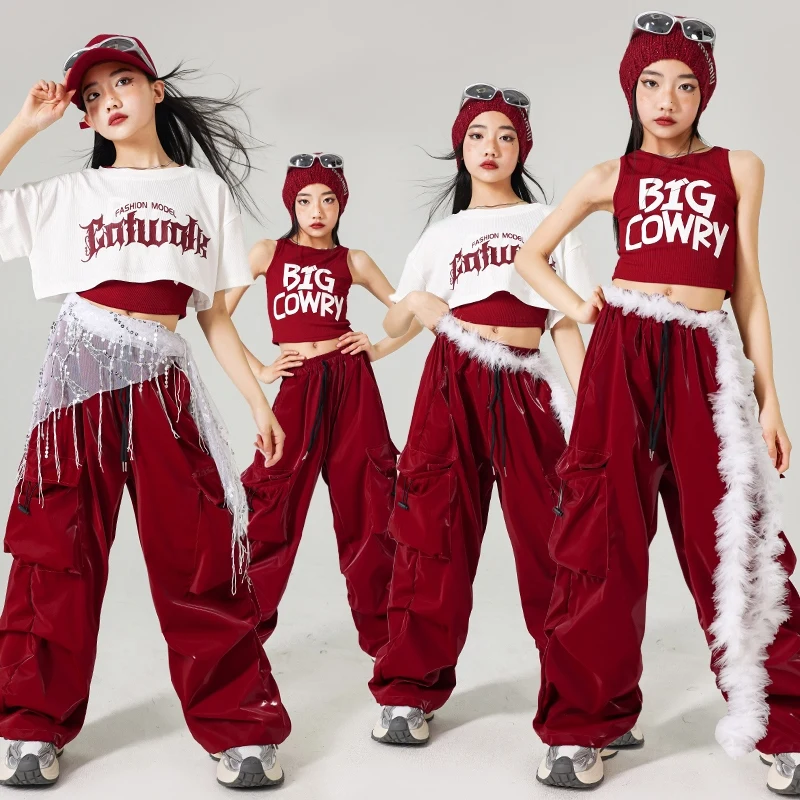 

Hip Hop Jazz Dance Performance Outfit White Tops Red Shuffle Pants Children Street Dance Fashion Clothes Kpop Stage Wear AMY1772