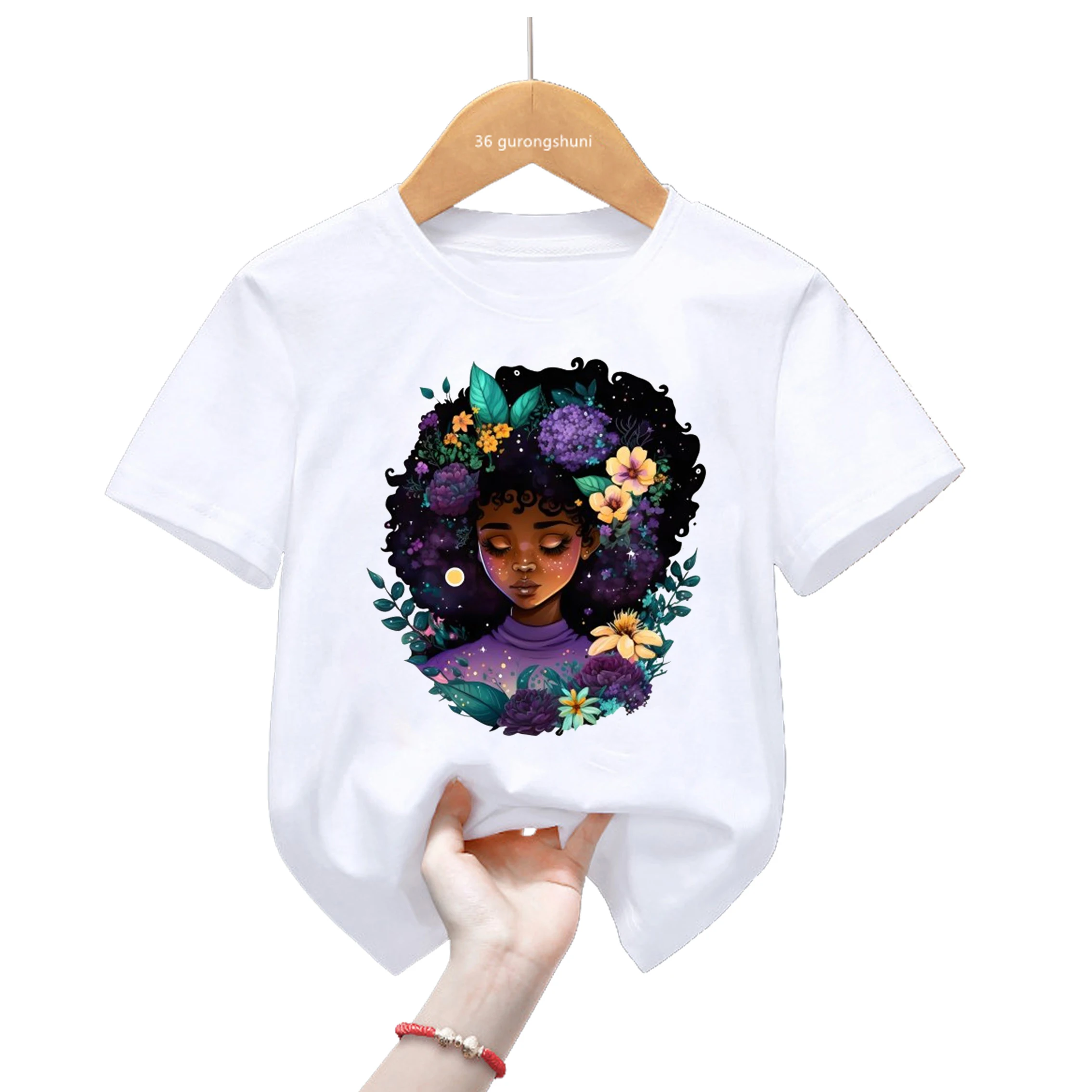 Beautiful Black Girls Magic Print T Shirt Melanin Kids Clothes Summer Short Sleeve Tshirt Harajuku Shirt White Casual T-Shirt