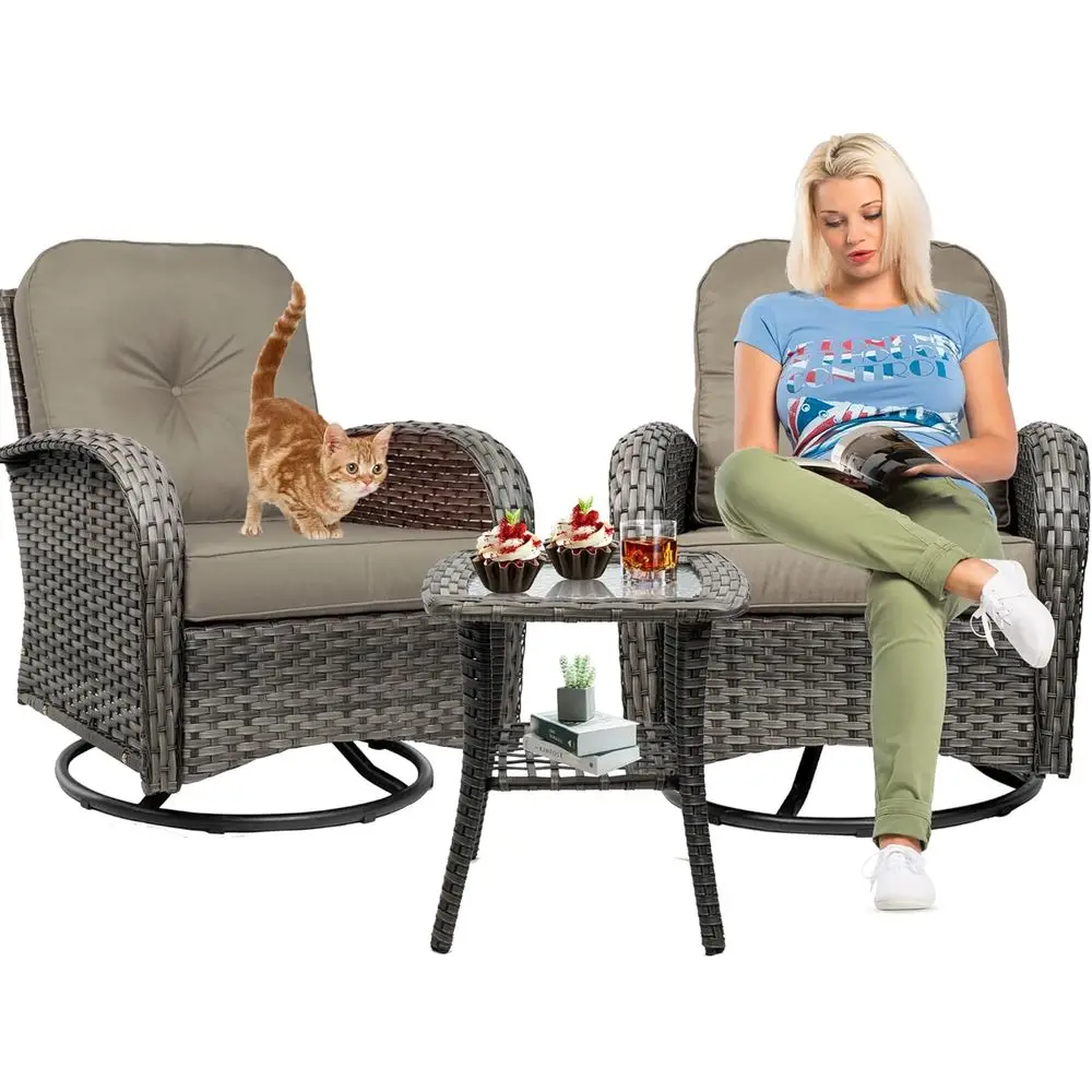 2-Piece Swivel Wicker Patio Chair Set with 360° Rotation and Glass Top Table, Khaki
