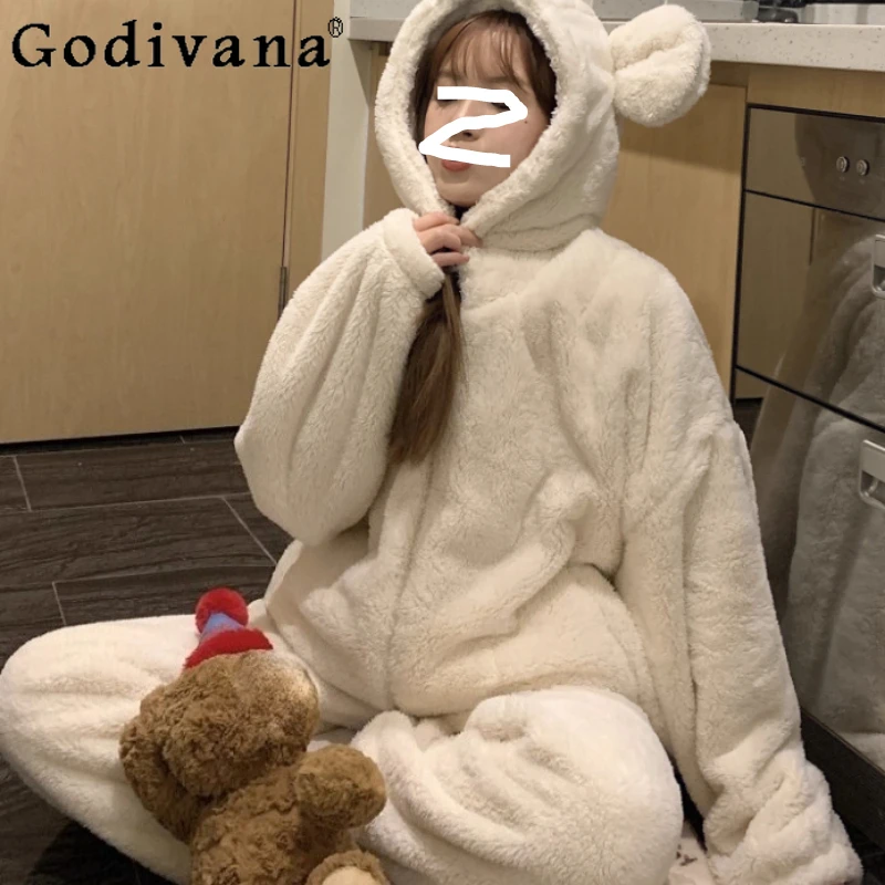 

2025 Large Size Autumn Winter Women Thickened New Hooded Coral Pajamas Cute Versatile Age-reducing Comfort Sweet Pajamas Set