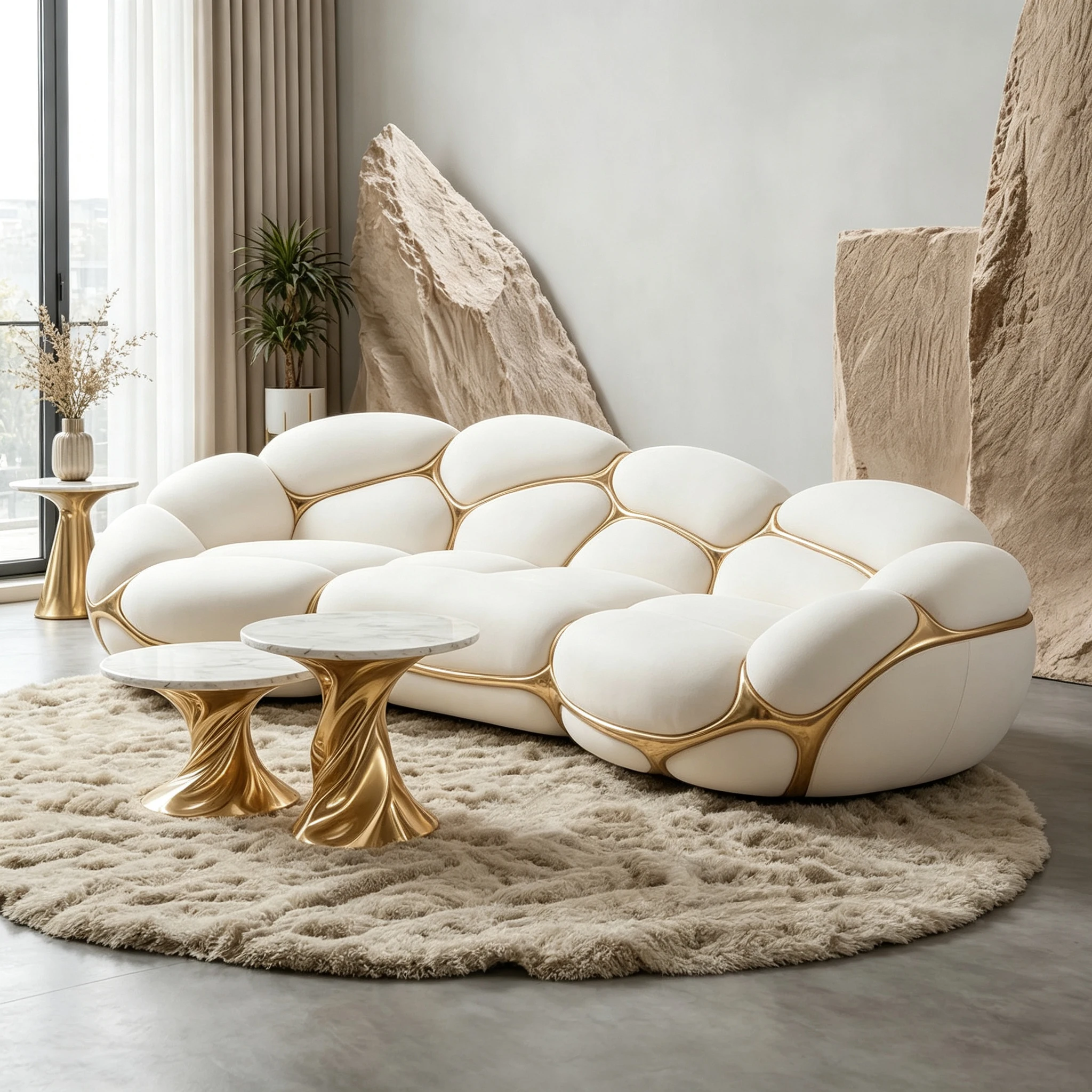 Z*-Vein Shaped Polished Gold Fiberglass Frame Sofa White Bubble Boucle Cushions for Modern  Household Living Area^