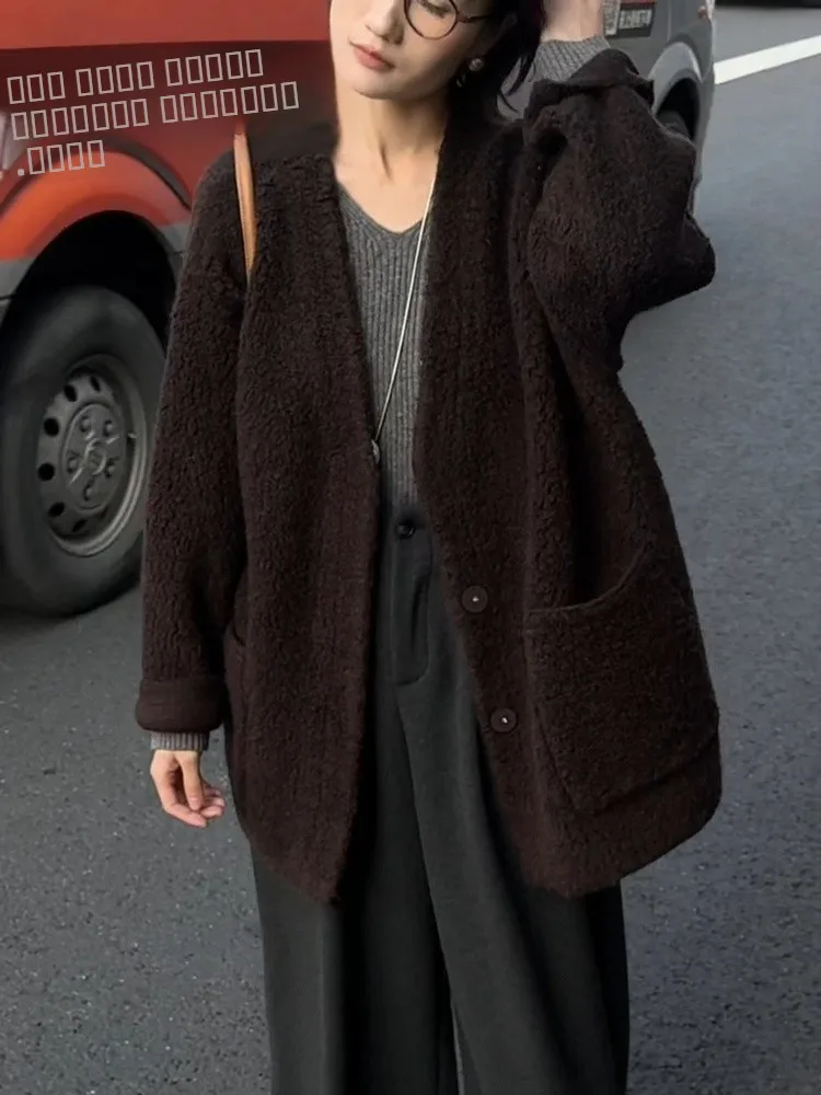 

Корейский модный кардиган из овечьей шерсти с V-образным вырезом, женский, осенне-зимний, свободный, повседневный, теплый, с длинными рукавами, трендовый