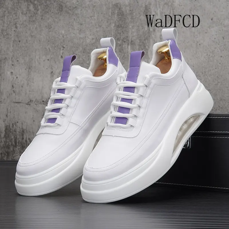 Running Sneakers Men Air Cushion White Shoes Fashion Casual Leather Breathable Height Increased Flat Platform Board Shoes