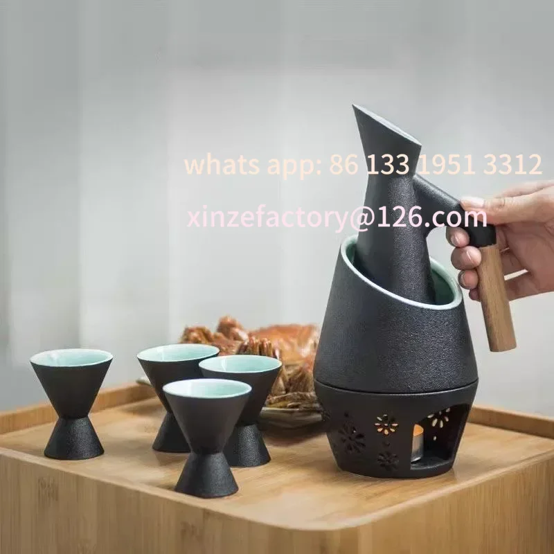 

Customizable ceramic wine cabinet set includes 1 wine jug, 1 wine cabinet, 4 sake glasses, 1 tray and candle heater