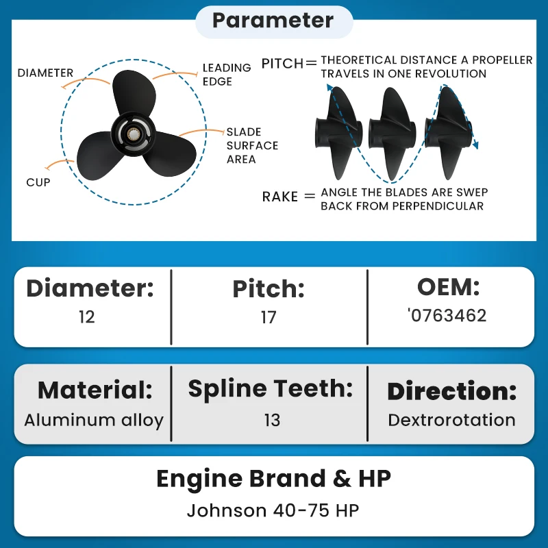 Boat Propeller 12x17 for BRP,Johnson,Evinrude Outboard 45-55HP/55HP/65HP/70HP/75HP 13 Spline Outboard Parts