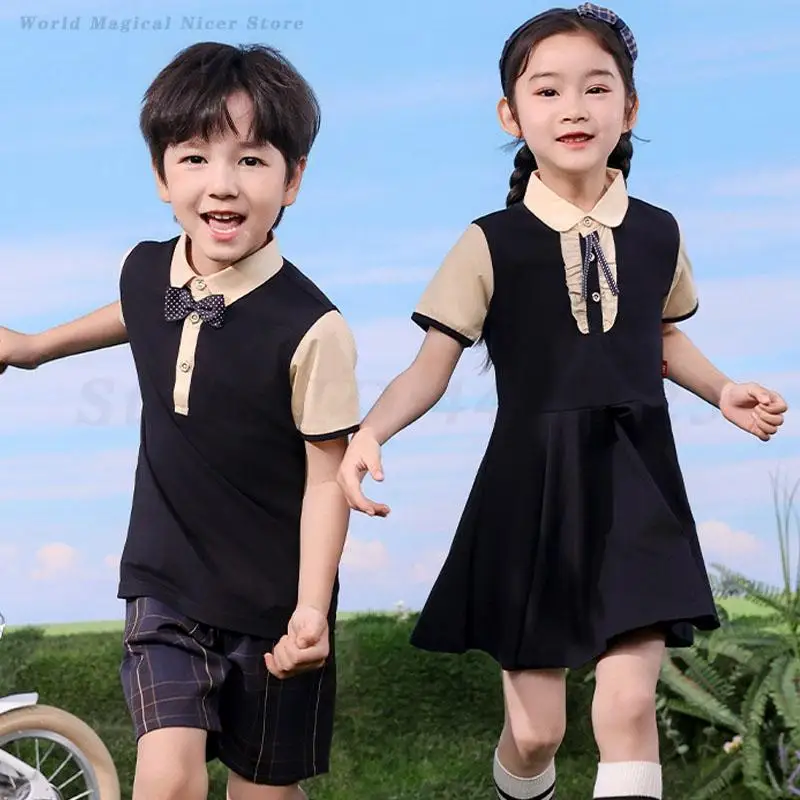 Crianças uniforme escolar do jardim de infância agasalho verão meninos esportes manga curta shorts meninas estilo acadêmico vestido cosplay traje