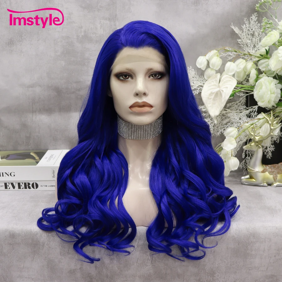 Imstyle Blue Lace Wig Synthetic Lace Front Wig Long Wavy Wigs For Women Cosplay Wigs Heat Resistant Fiber
