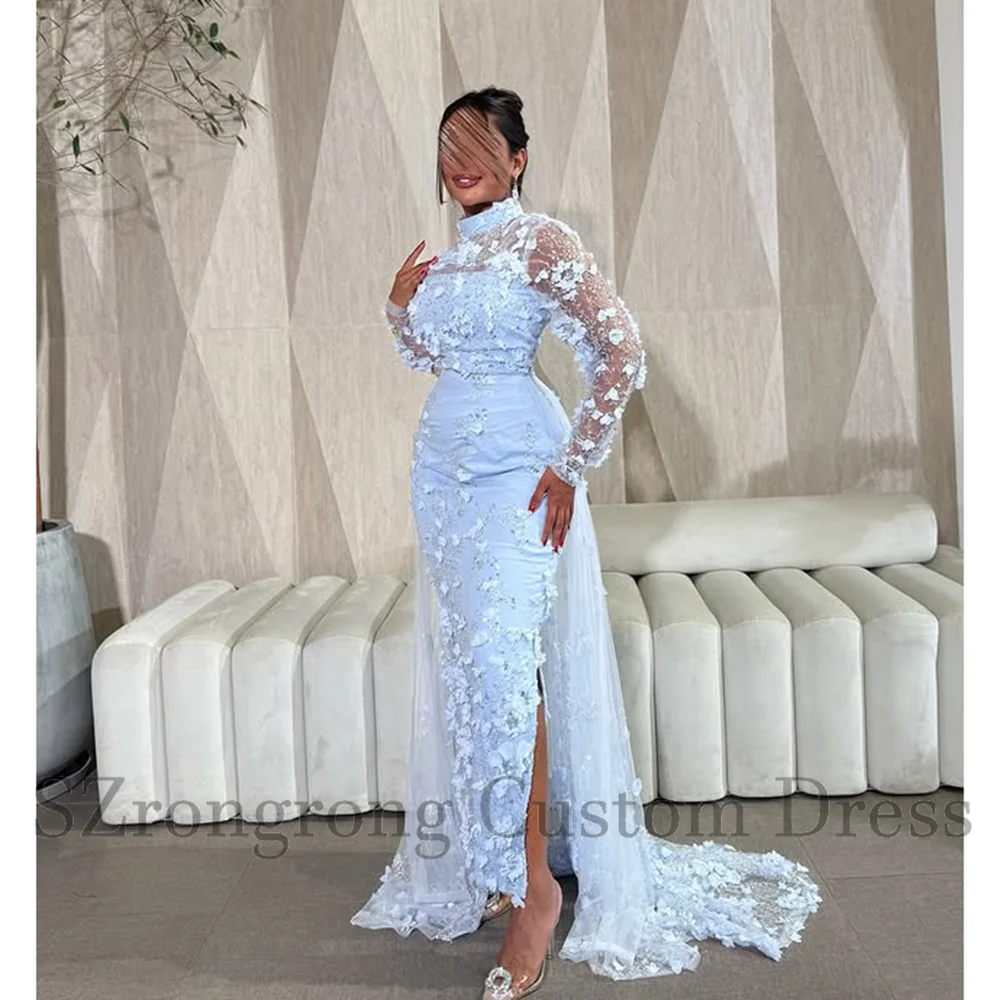 

Customized Blue Illusion Neck Lace Evening Gown for Wedding Backless Floor Length Side Split Saudi Arab Dress with Train