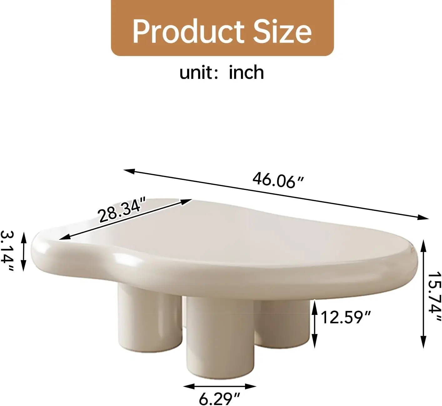 Mesa de café, mesa de café creme branco, bonito nuvem-forma, mesa de café com 4 curtos, 46, 06 polegadas