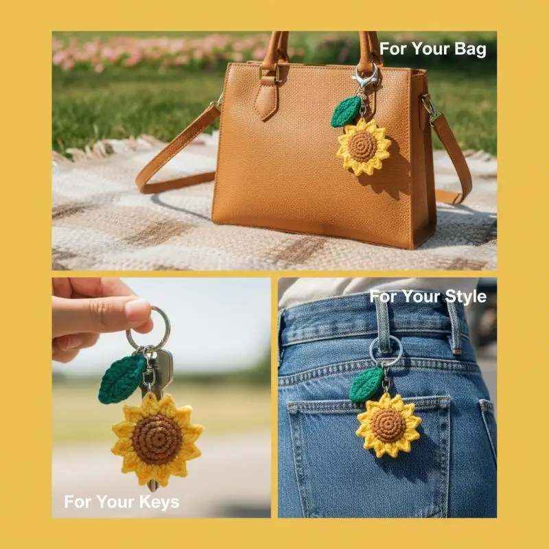 Handgefertigter Häkel-Sonnenblumen-Schlüsselanhänger mit grünem Blatt-Anhänger zur Rucksackdekoration, täglicher Gebrauch, Geschenk für Sonnenblumen-Fans – Detail 10