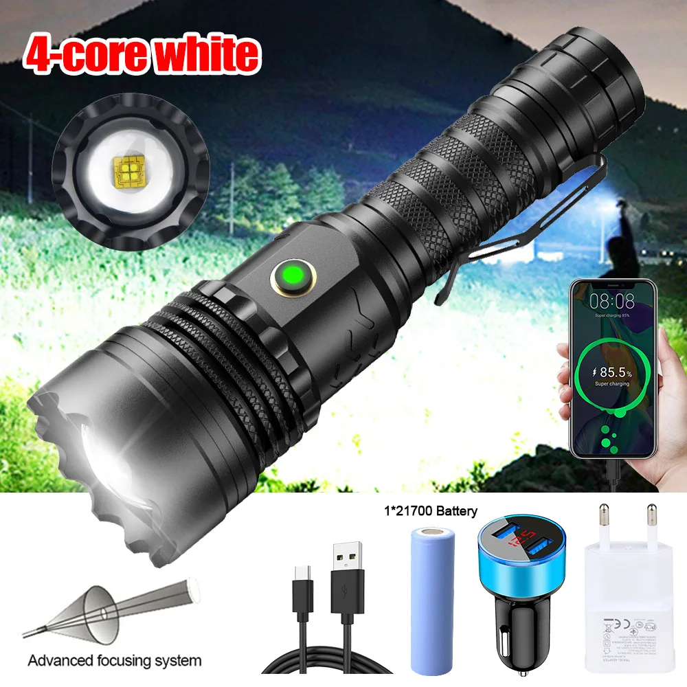 4500mAH 4 Core White Ultra Bright Powerful LED Flashlight USB Rechargeable Zoom Torch Tactical Flash Lamp Long Shot Waterproof